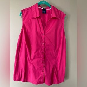 Pink, slightly fitted, sleeveless blouse